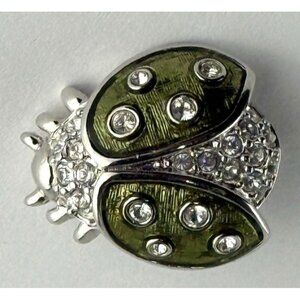 SWAROVSKI LADYBUG Brooch Pin Green Enamel & Crystal Pave Swan Signed-Pretty